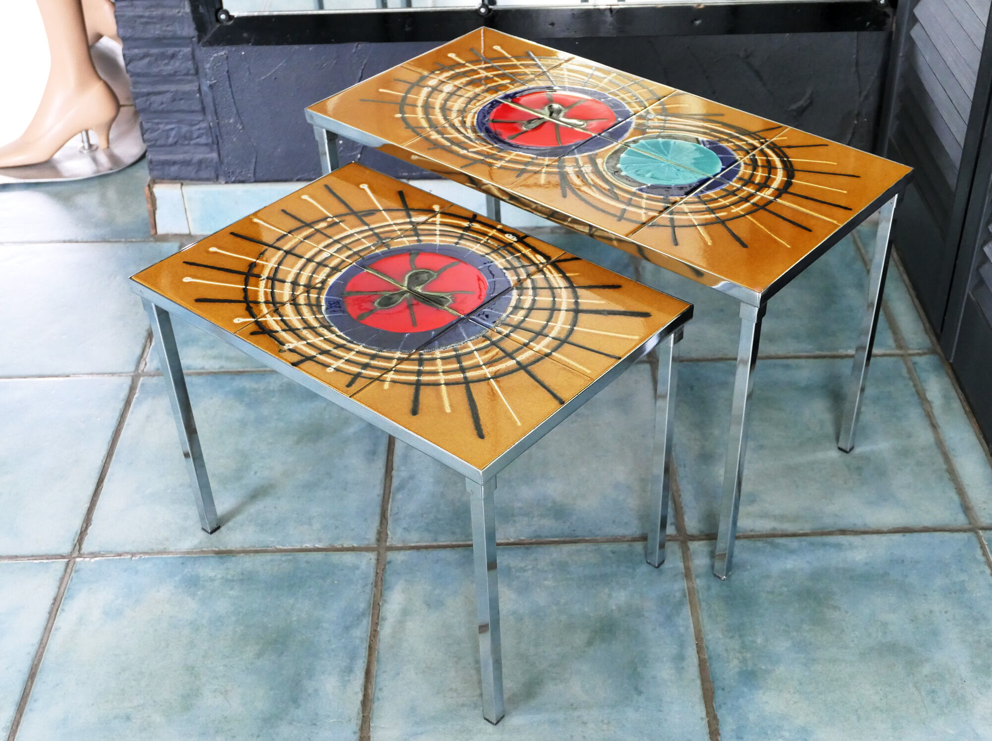 Set of 2 tables gigogne 60's ceramic fat lava