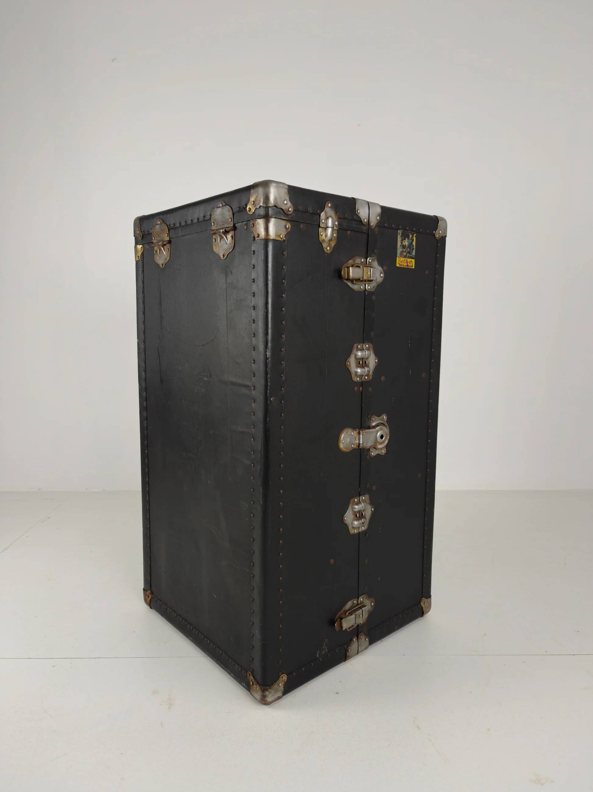Antique 1924 Belber black leather steamer trunk - large travel wardrobe