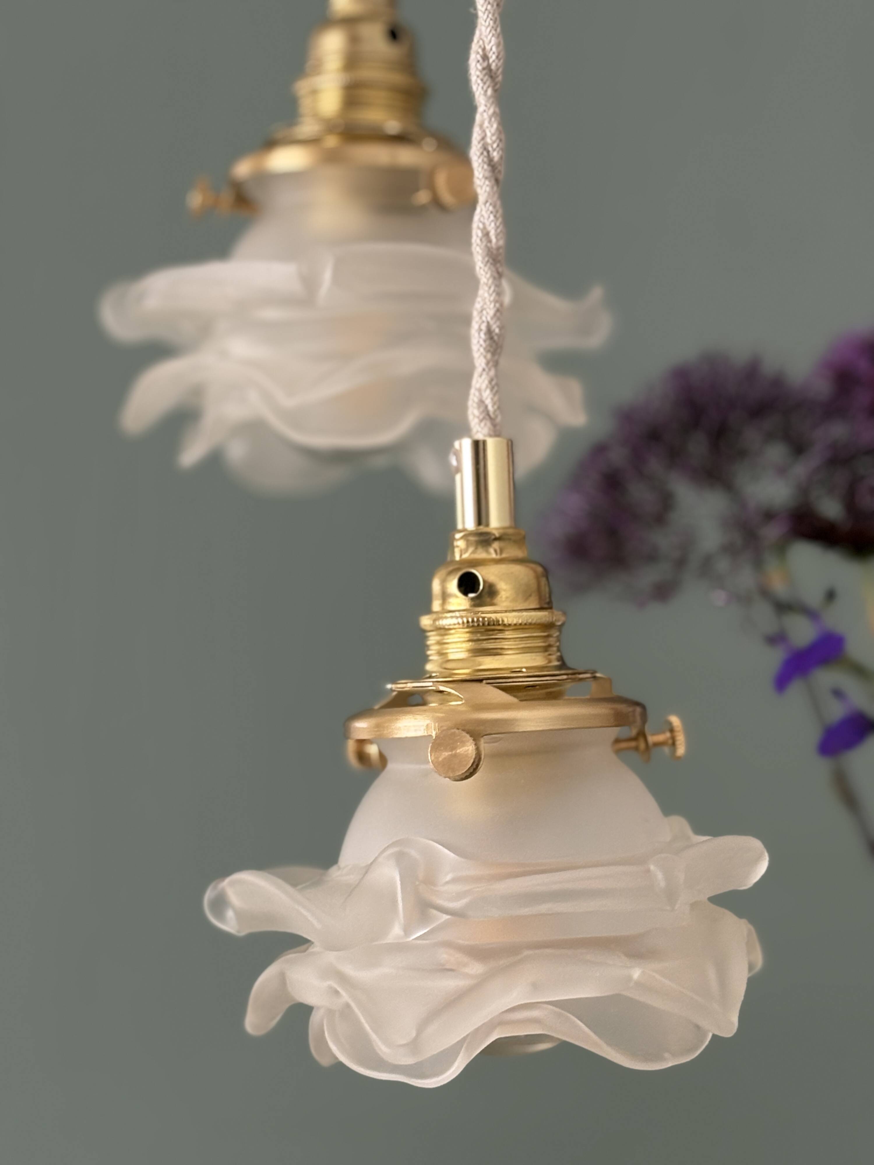 Vintage triple tulip pendant light in frosted glass in the shape of flowers