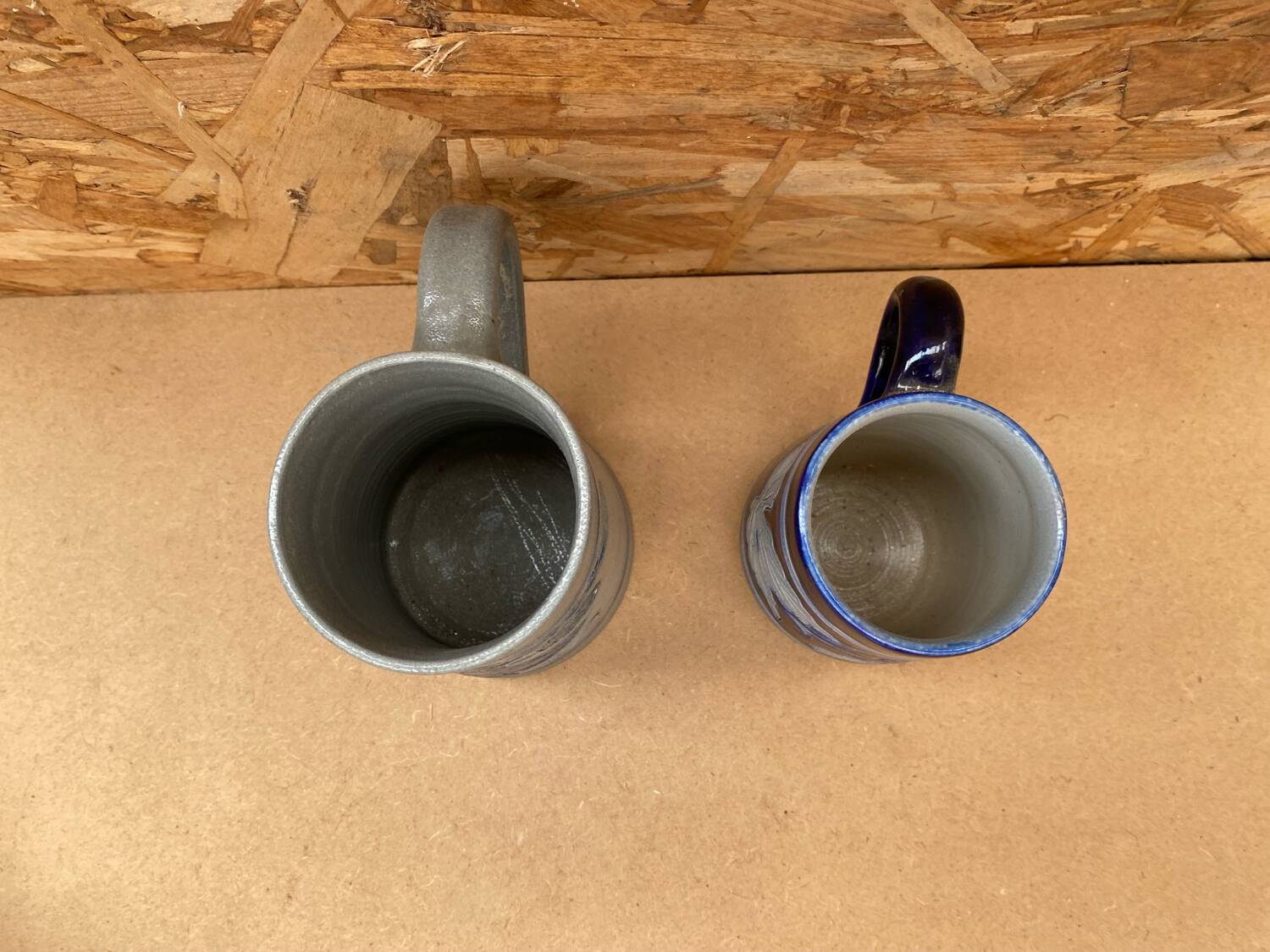 Pair of beer steins betschdorf schmitter alsace stoneware grey blue decor vintage