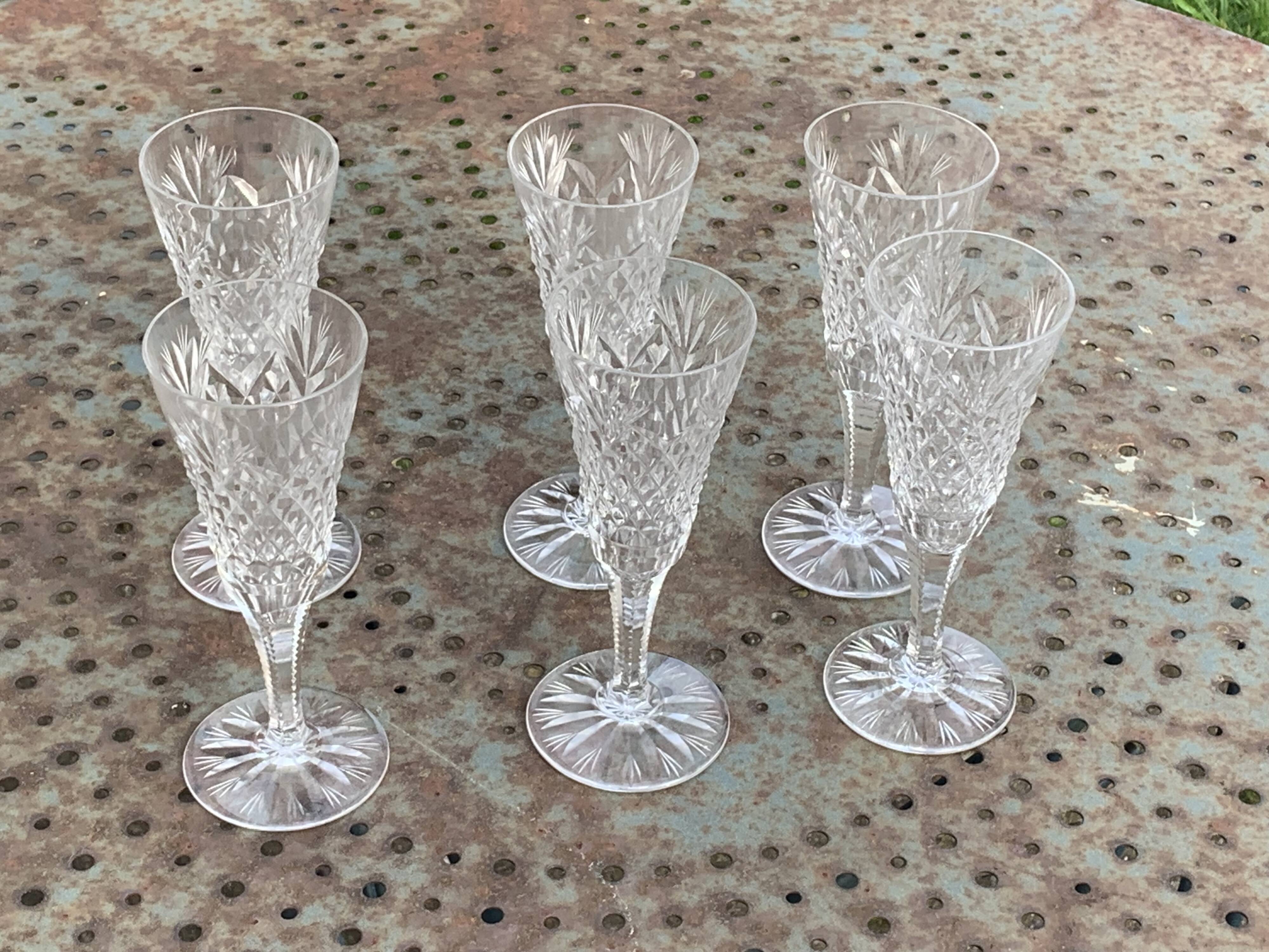 6 champagne flutes in glass and transparent crystal, antique chiseled