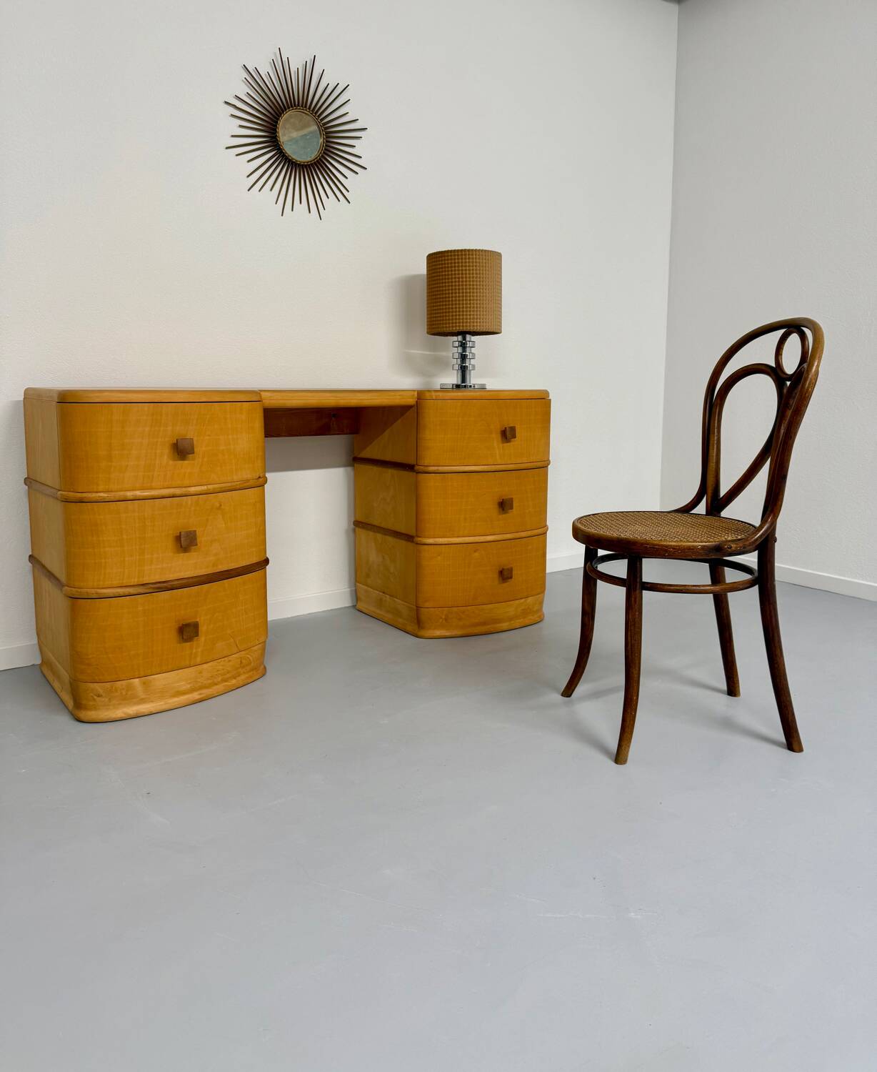 Old beech desk in art deco style with drawer, vintage 60s