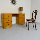 Old beech desk in art deco style with drawer, vintage 60s