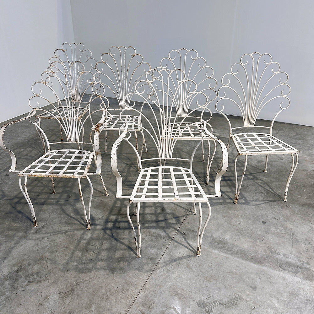 Rare exquisite set of six French peacock garden patio chairs, 1950s