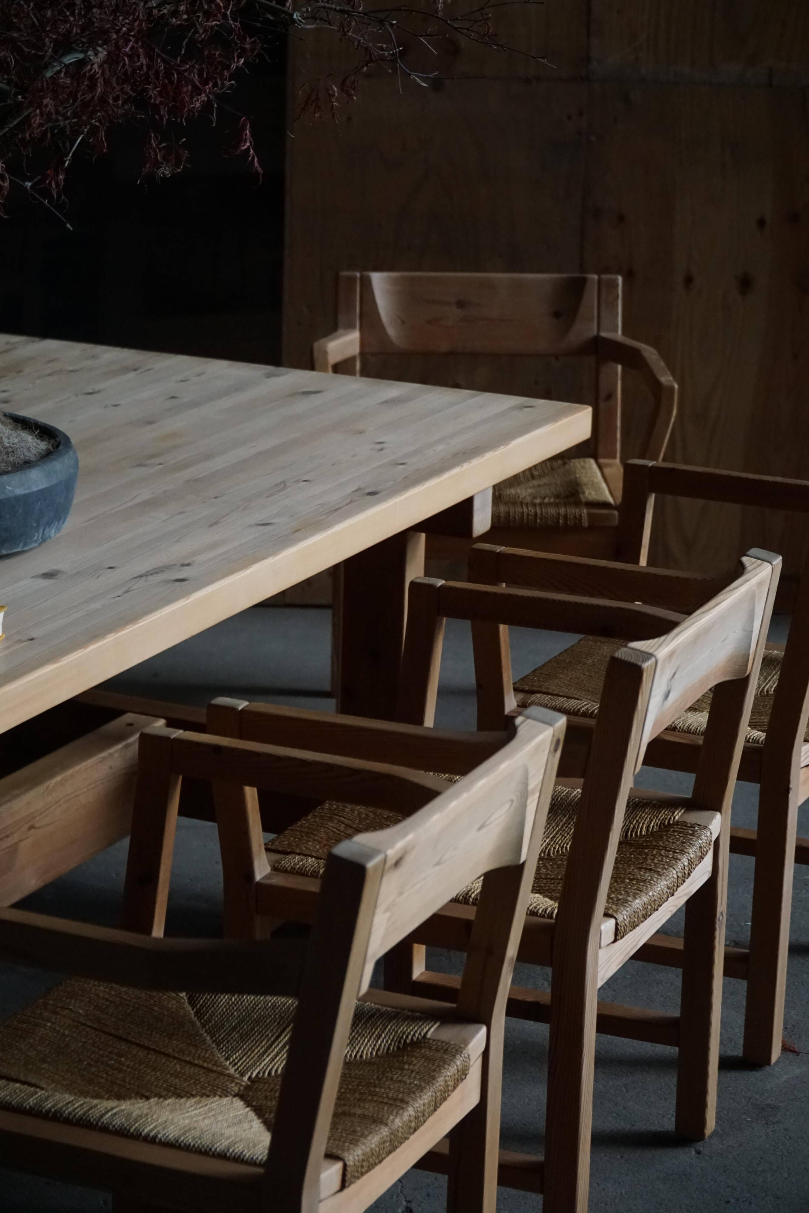 Set of 8 Danish dining chairs in pine and woven paper cord, Tage Poulsen, 1970s.