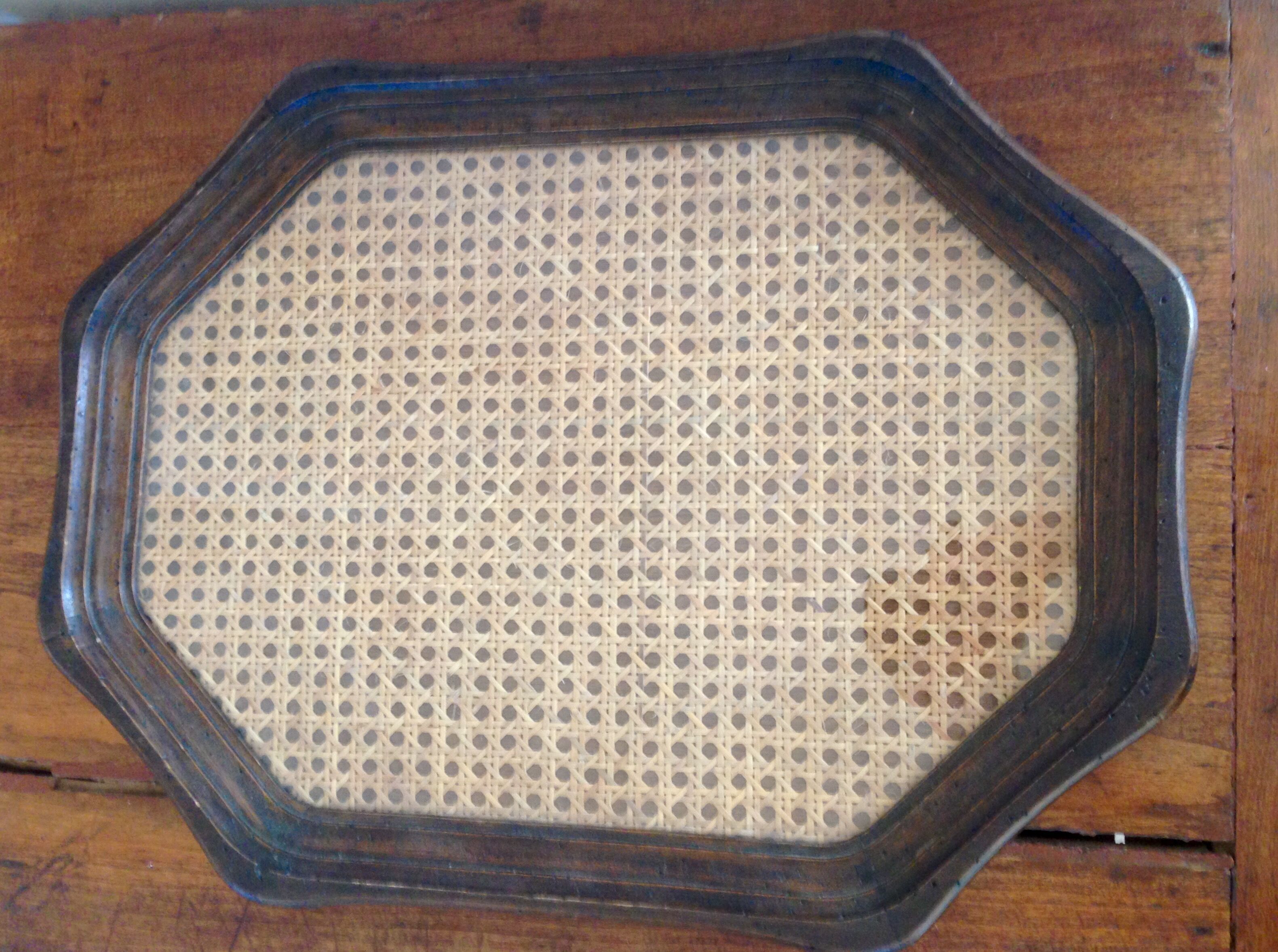 Glass tray, wood and caning