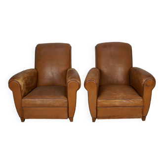Paire de fauteuils club vintage en cuir cognac français, années 1950