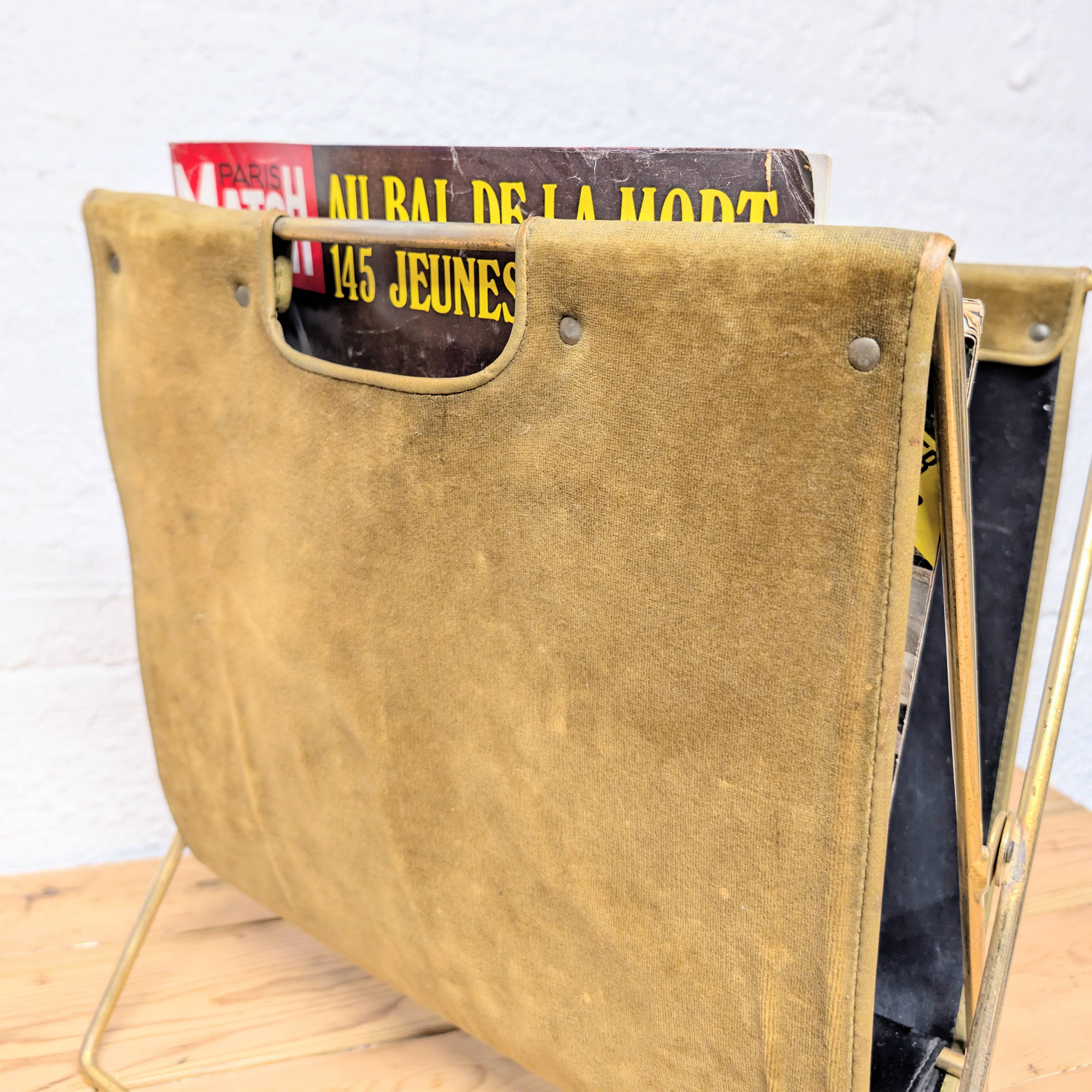 Brass and velvet magazine rack