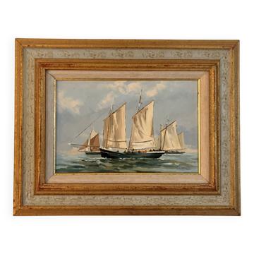 Old Oil Painting Marine Boat Signed Odile C Frigate