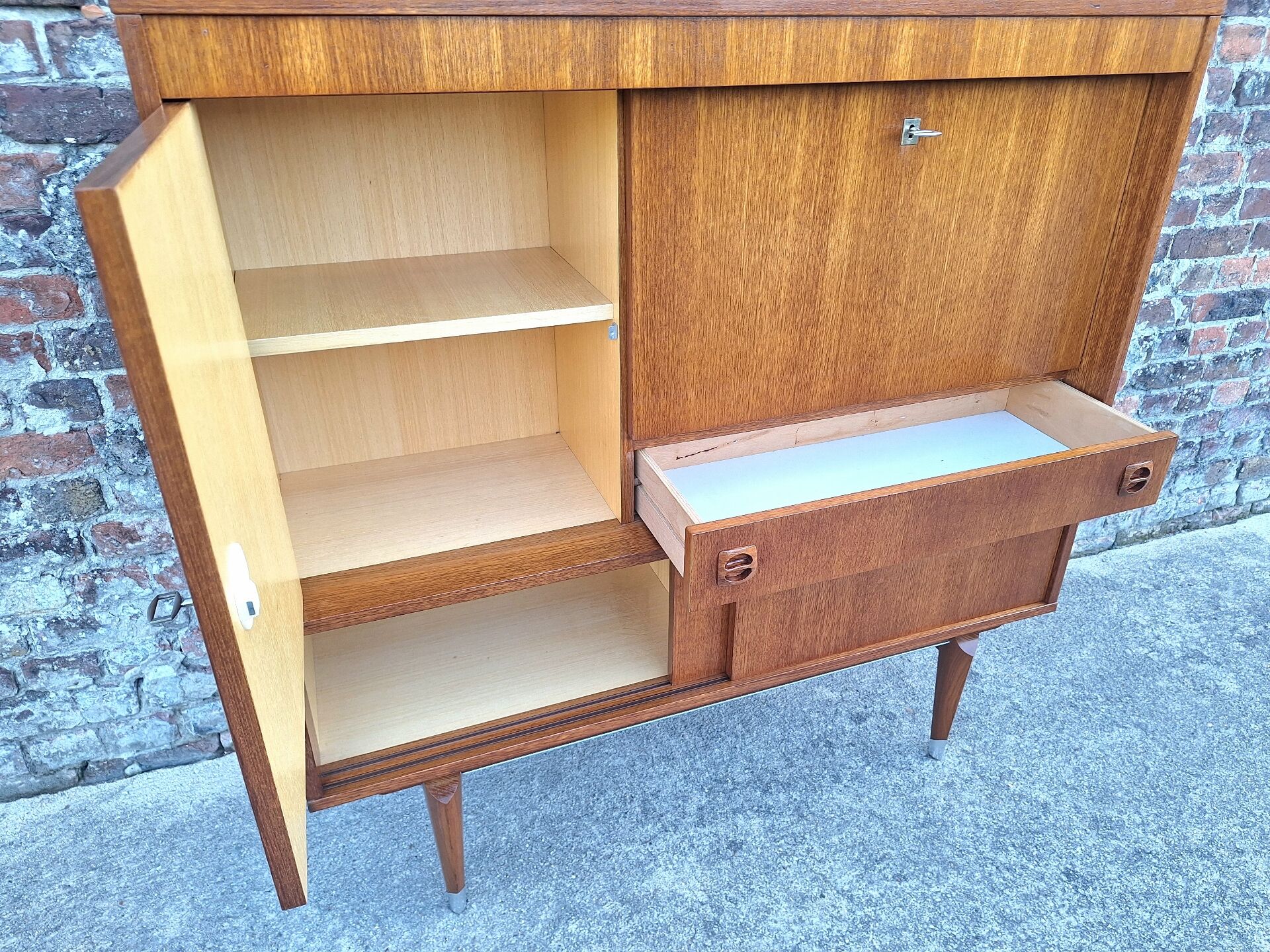 Vintage teak secretary, bar cabinet, sideboard, desk.