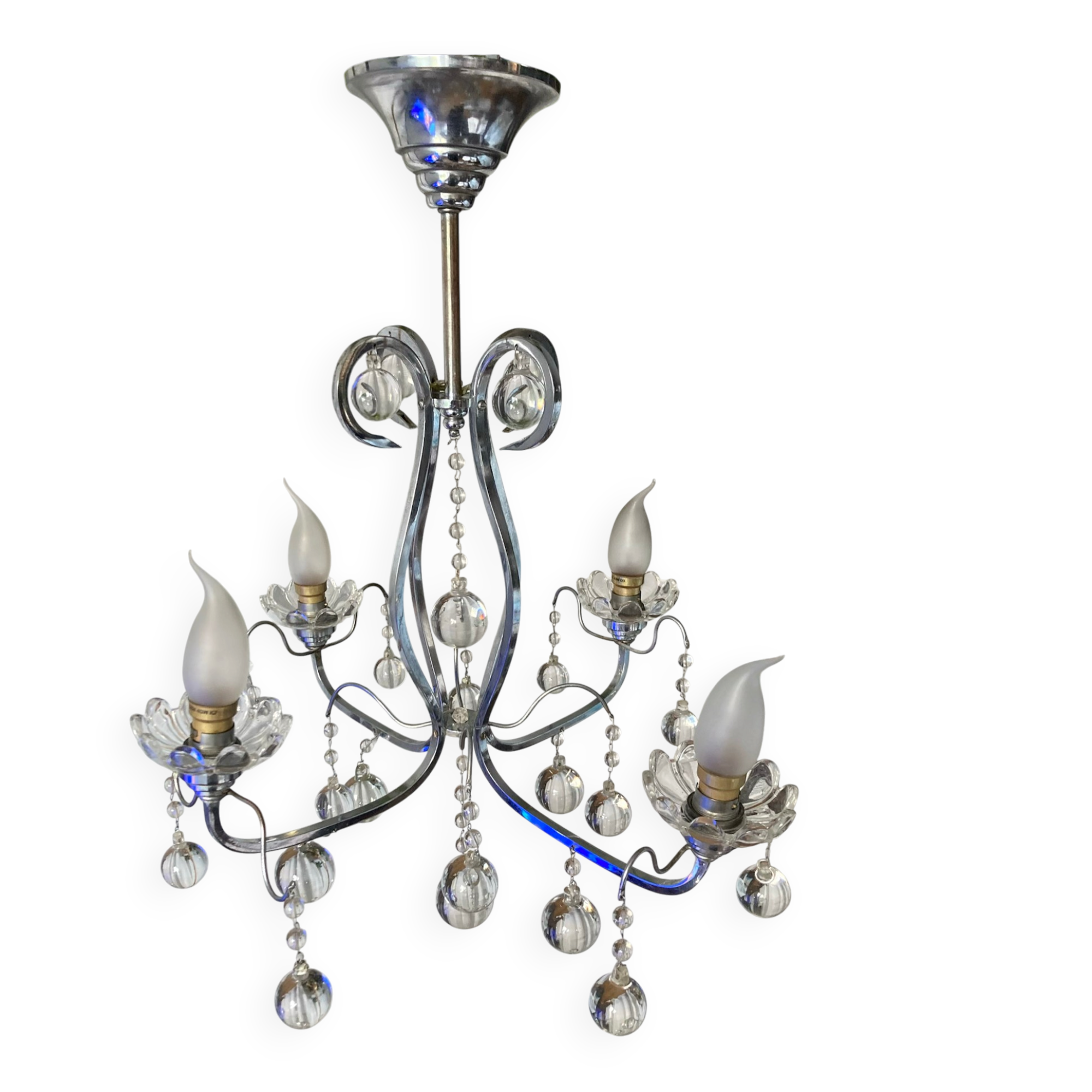 Art Deco chandelier from the early 20th century in chrome brass, with glass pendants.