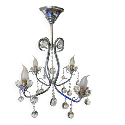 Lustre Art Déco époque début XXe en laiton chromé, pampilles en verres