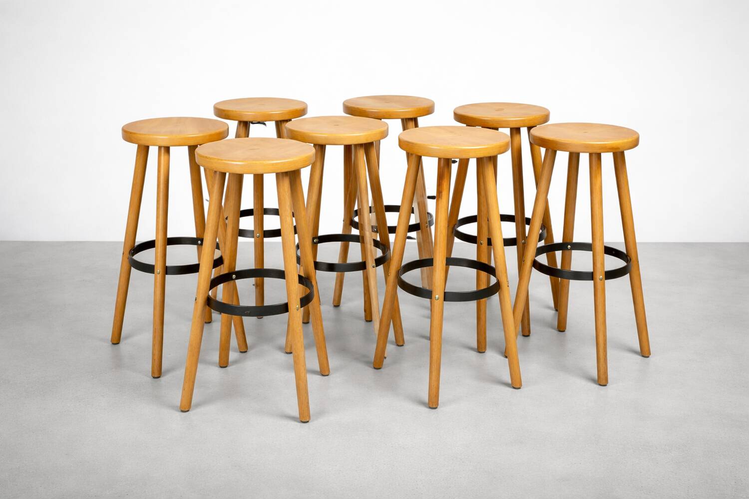 8 mid-century modern bar stools in beech and hammered iron