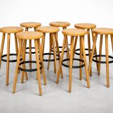 8 mid-century modern bar stools in beech and hammered iron
