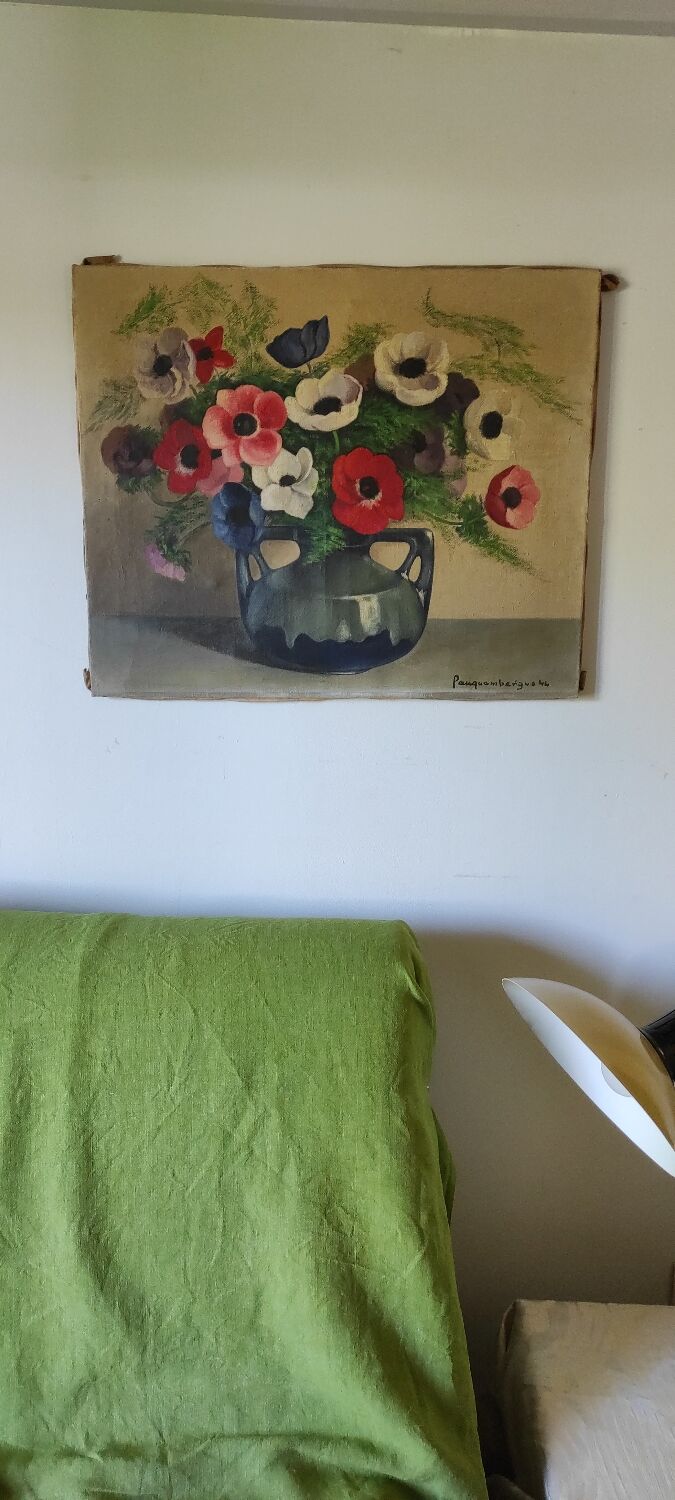 Painting bouquet of anemone flowers from the 40s signed