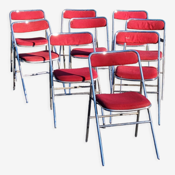 Set of 9 folding chairs from the 70s tweed and chromed metal