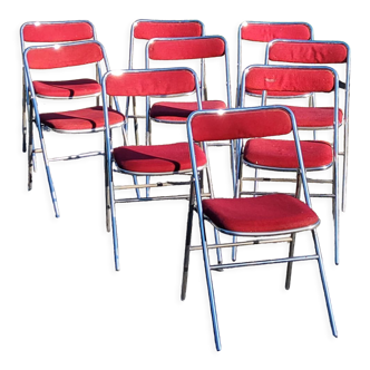 Set of 9 folding chairs from the 70s tweed and chromed metal