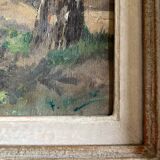 Tableau hst "forêt avec cabane" bucheron sylviculture début xx°