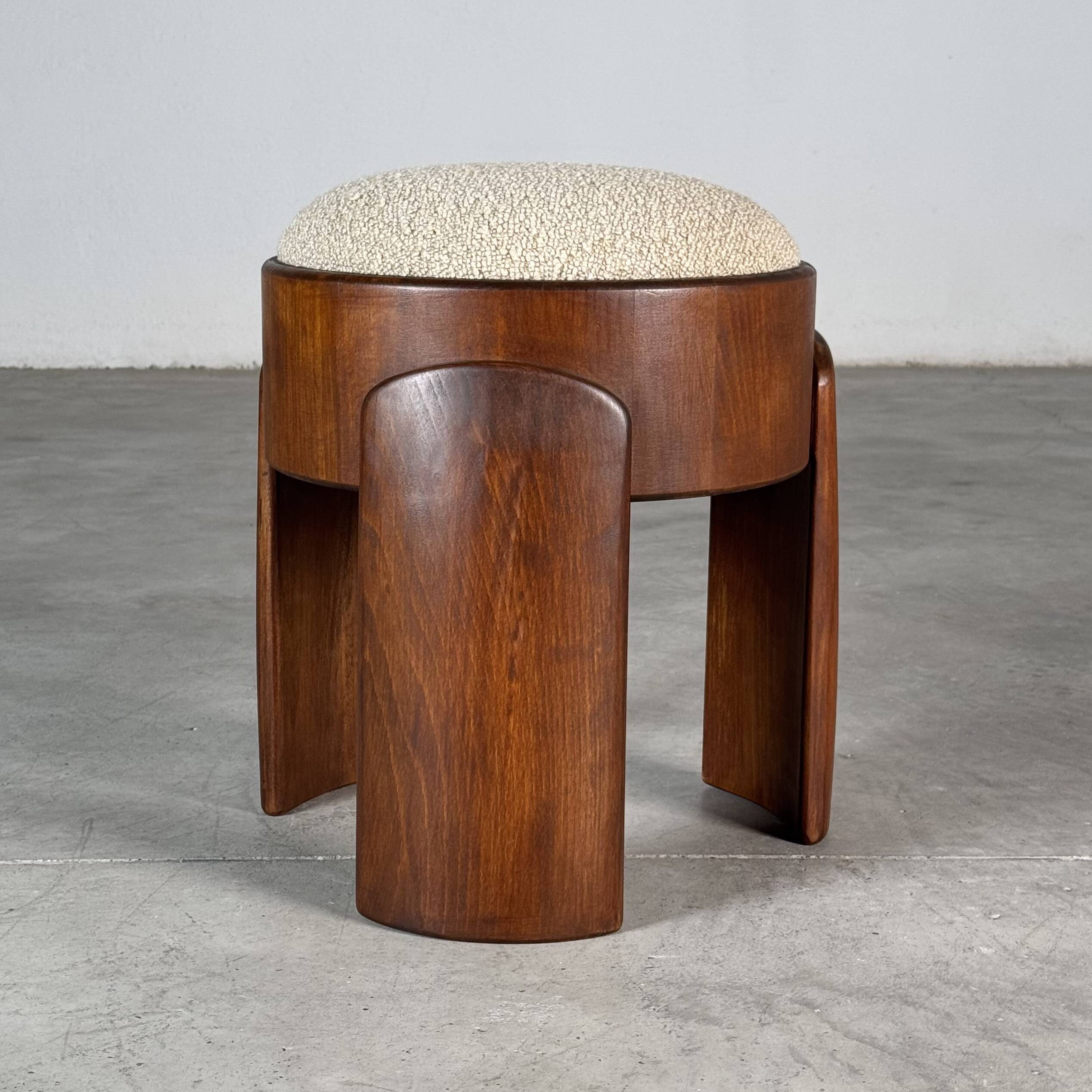 Sculptural Ash Wood Stool with Dedar Milano Bouclè Champagne by FORME, Italy