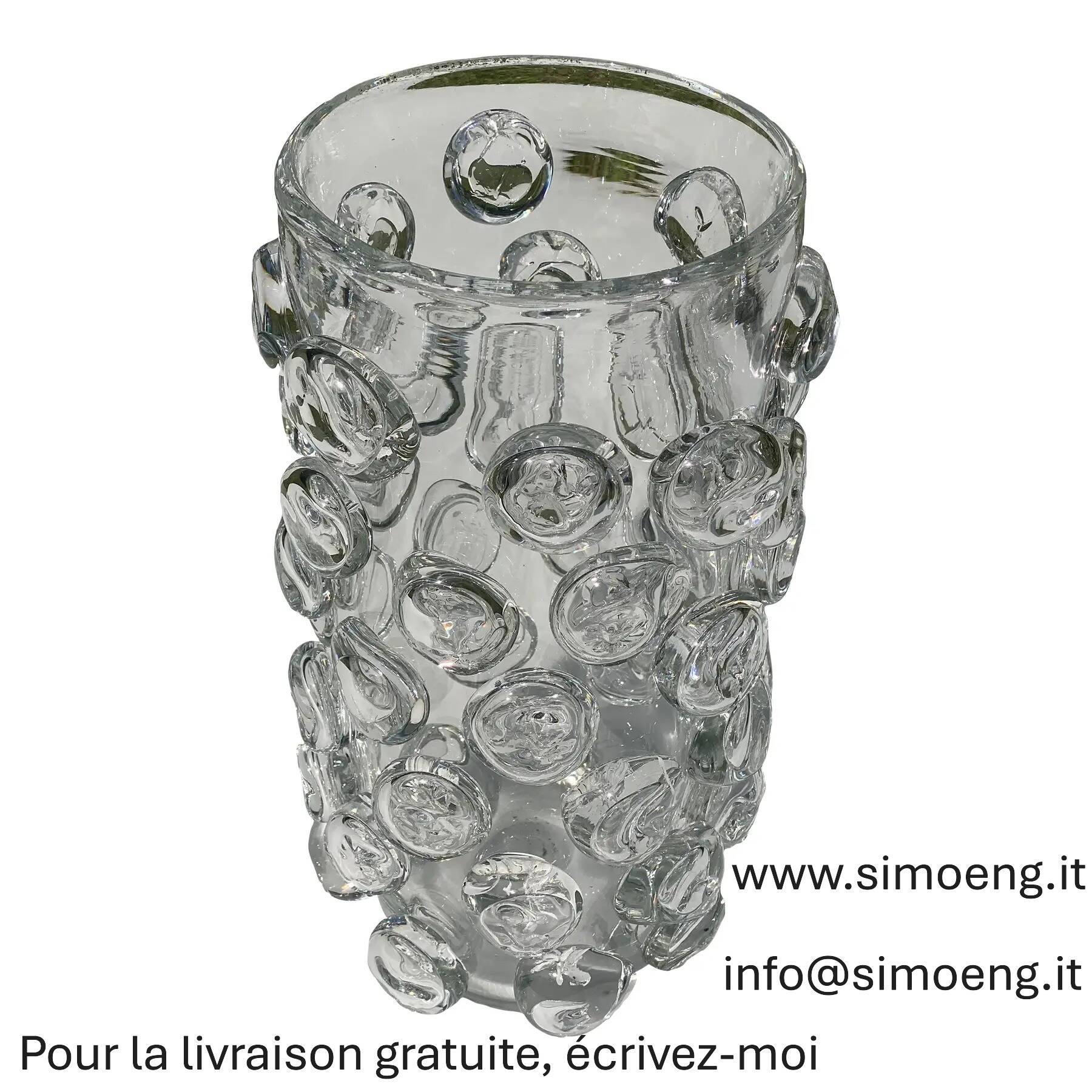 Contemporary hand-blown transparent Murano glass vase with bubbles