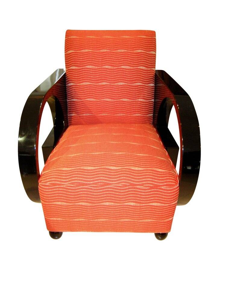 Art Deco Club Chair, Black Lacquer and Red Fabric, France circa 1930