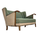 Canapé danois 3 places des années 1950, tissu en laine d'ameublement vert/beige, bois de chêne.