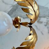 Pair of palm leaf wall lights in Hollywood Regency style with opaque globes by Hans Kögl, Germany, 1970s.