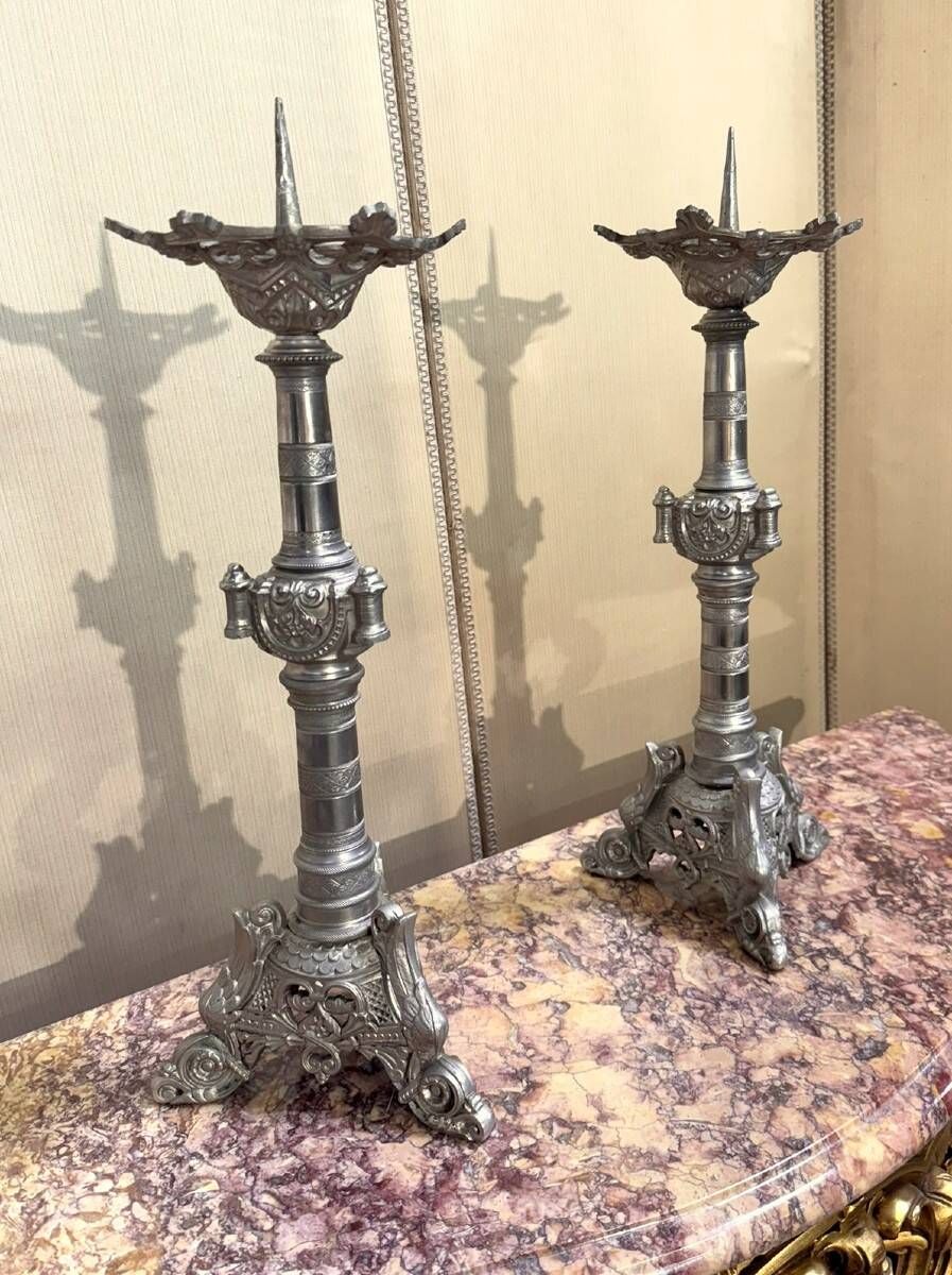 large pair of silvered bronze candlesticks from the 19th century