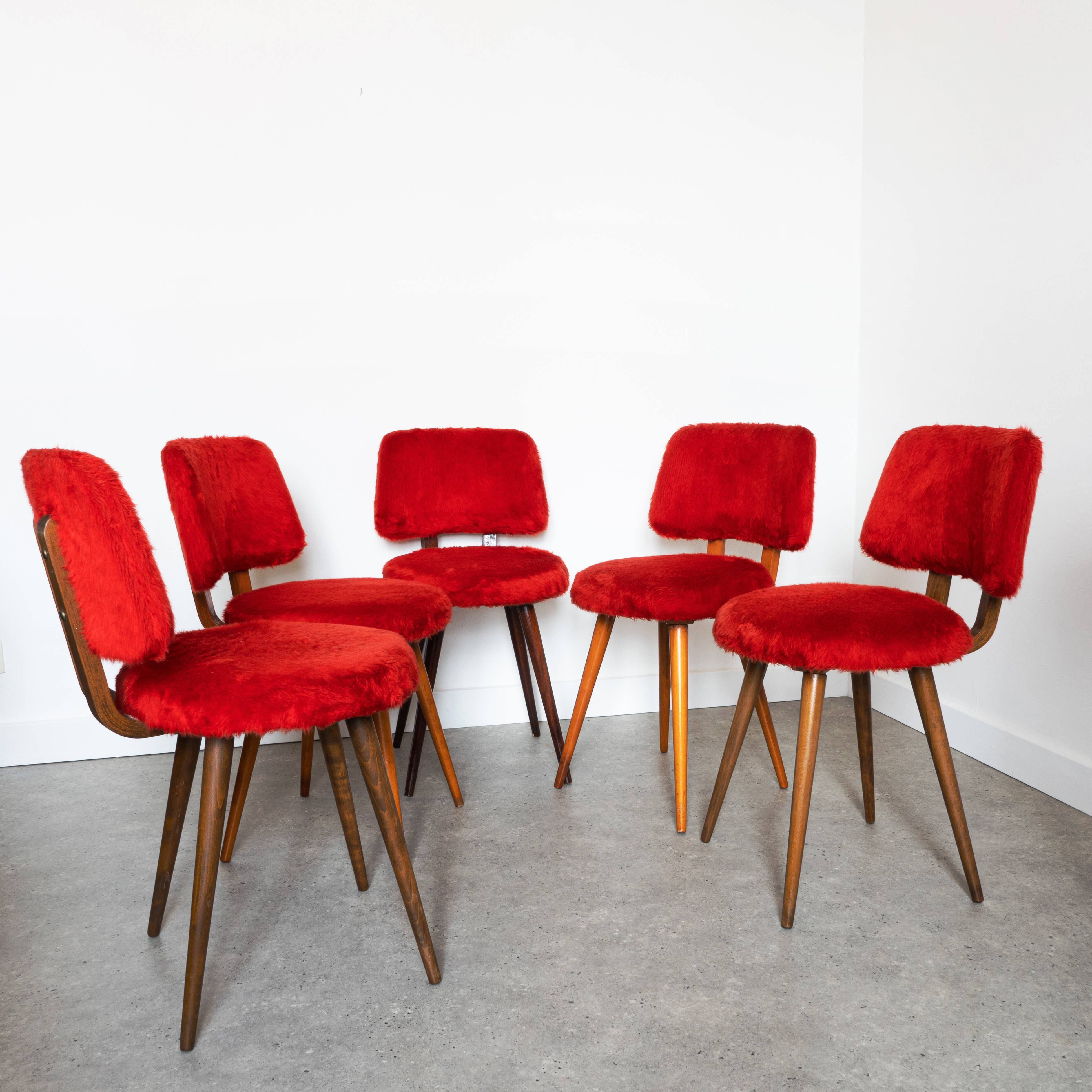 Set of 5 wooden chairs with red Pelfran moumoute
