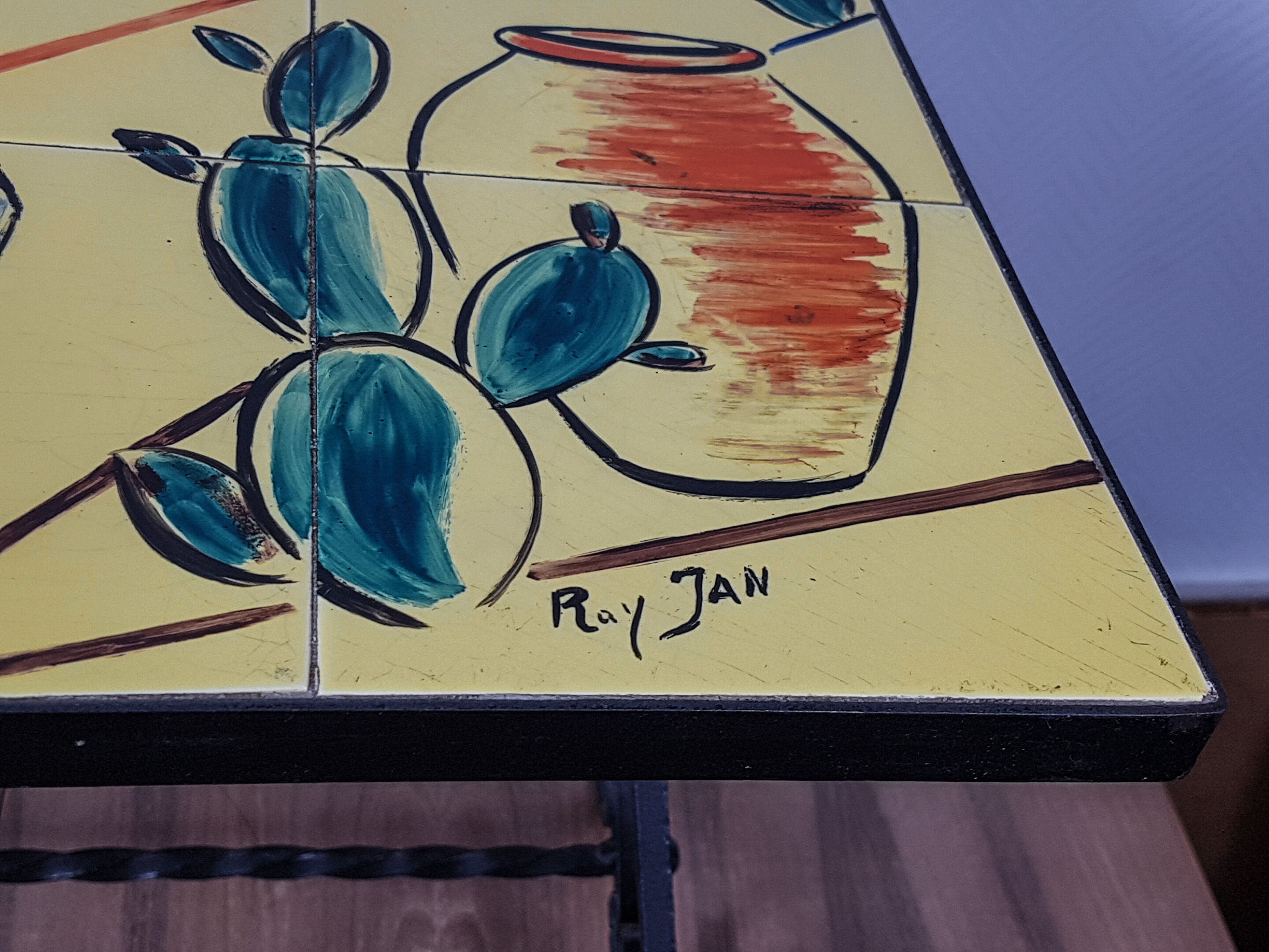 Wrought iron coffee table porcelain tray painted with a vintage Provencal scene 60s/70s