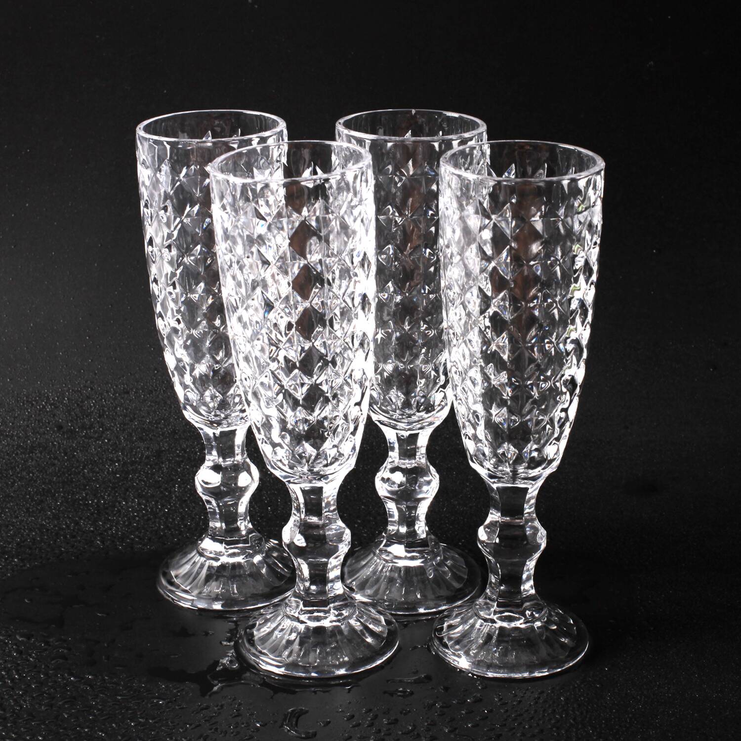 Set of 4 Vintage Pressed Glass Champagne Flutes, Clear Italian Stemware