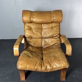 Fauteuil de salon suédois en cuir et bois courbé par Jan Bengstsson, années 1970