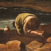 Peinture ancienne de paysage avec personnages du XVIIIe siècle