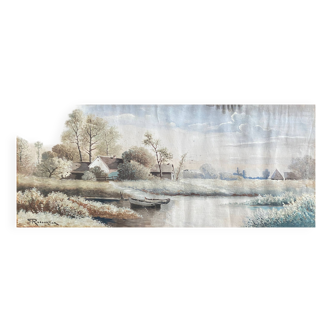 Tableau ancien gouache aquarellée "paysage lacustre en hiver" signé G.Redourtier