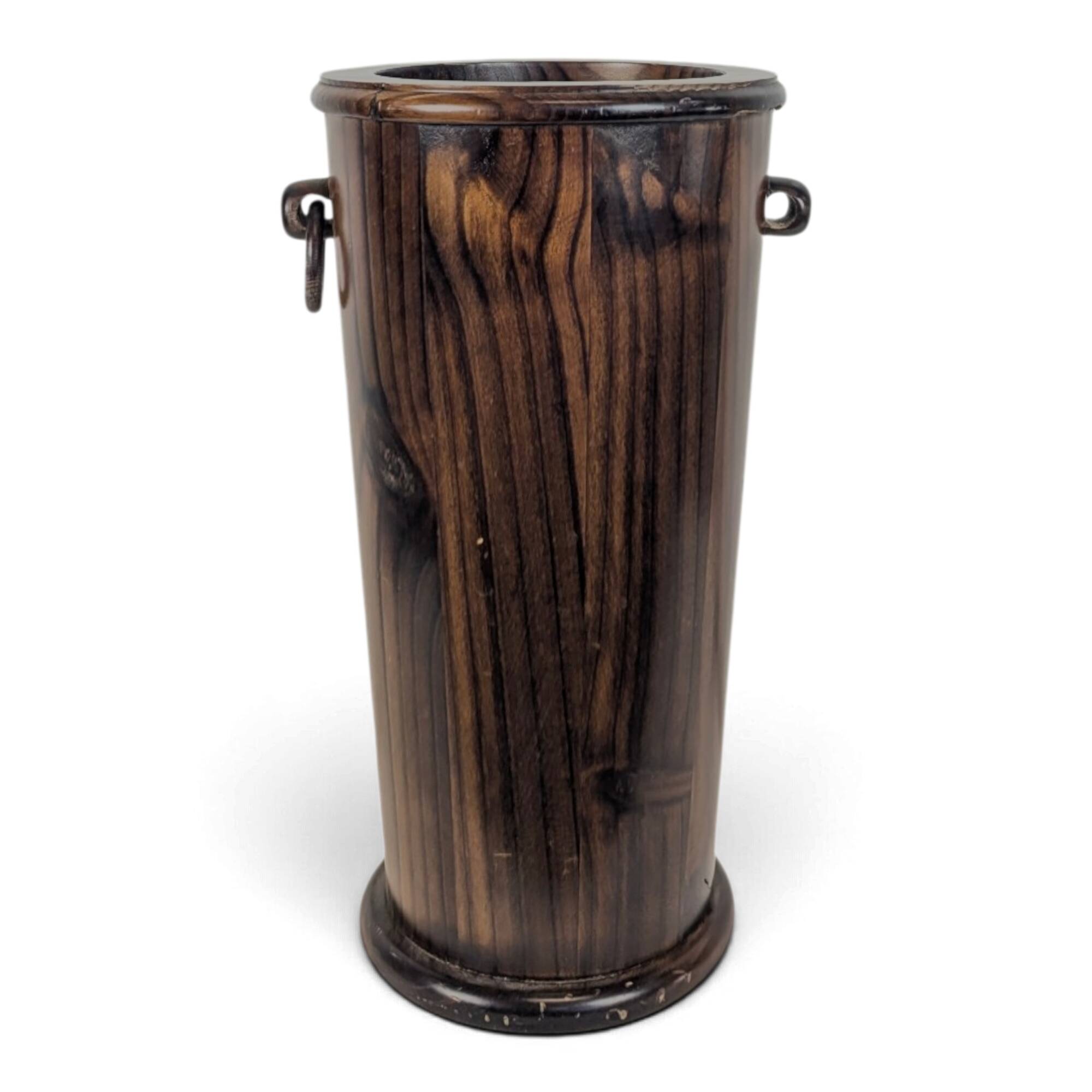 Wooden umbrella stand turned and patinated with iron rings