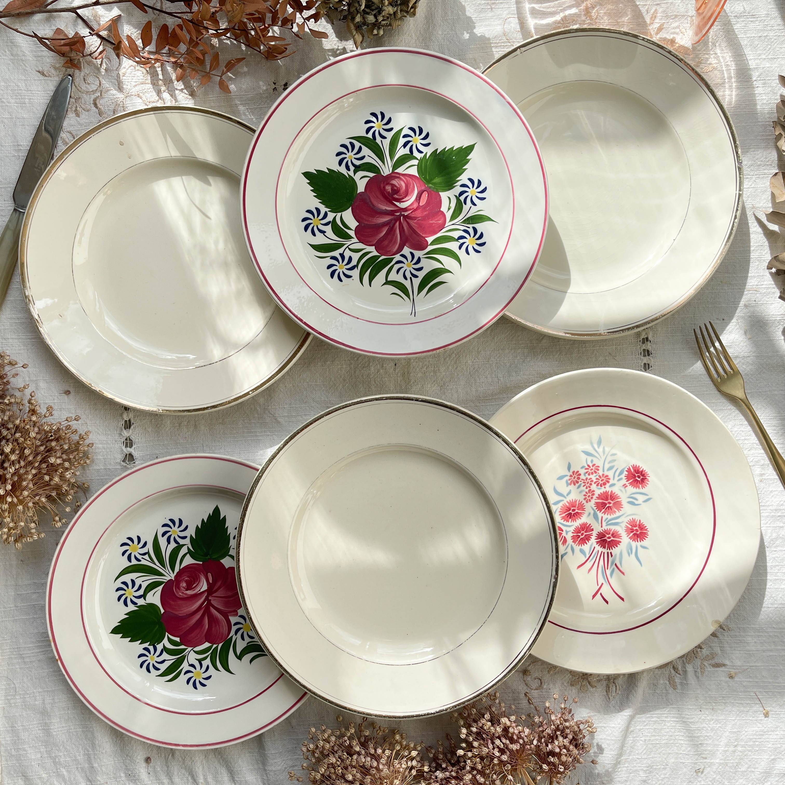6 Mismatched Vintage Plates with Floral Pattern