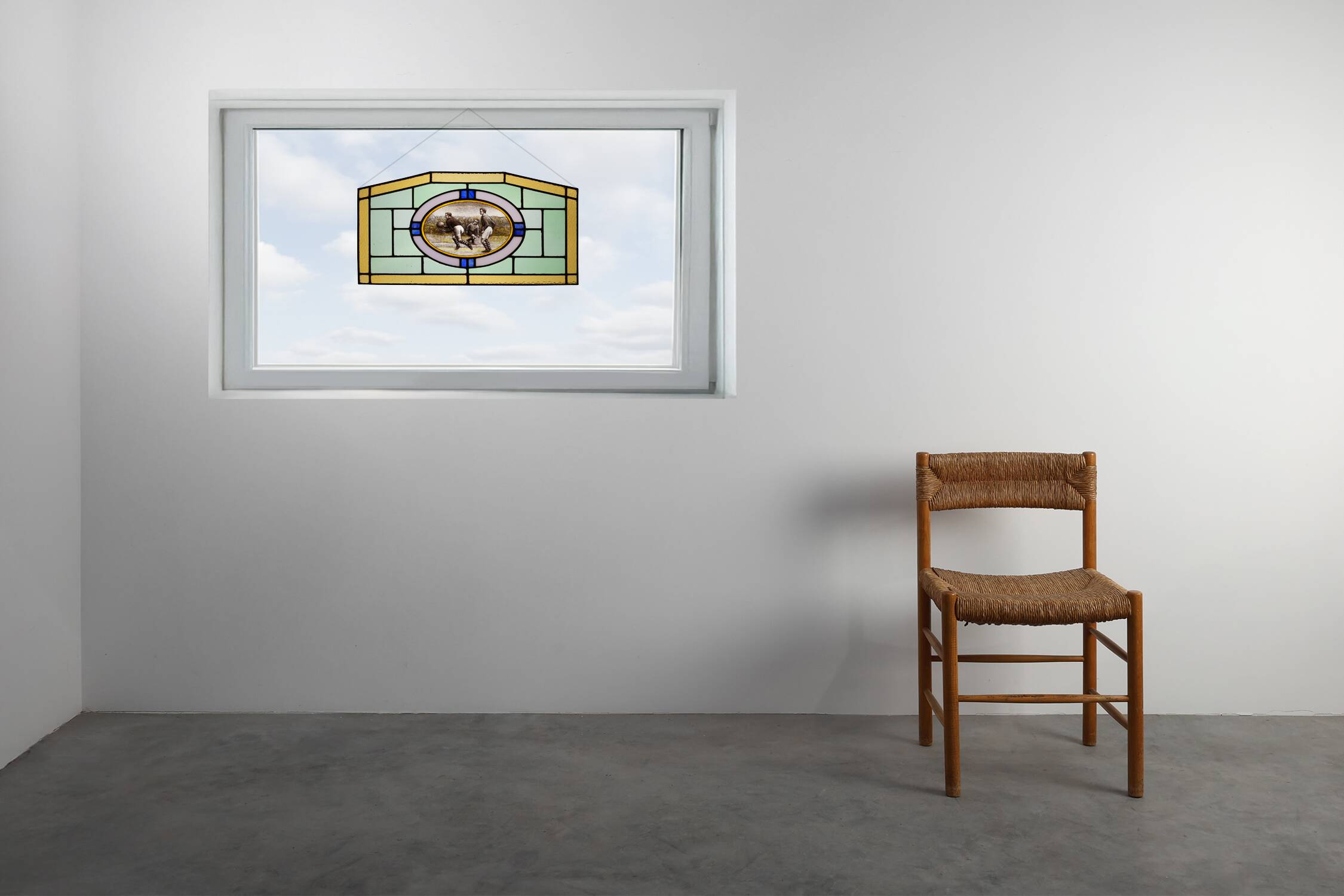 Art Deco Stained Glass Panel Depicting Early Football Scene, Belgium ca. 19