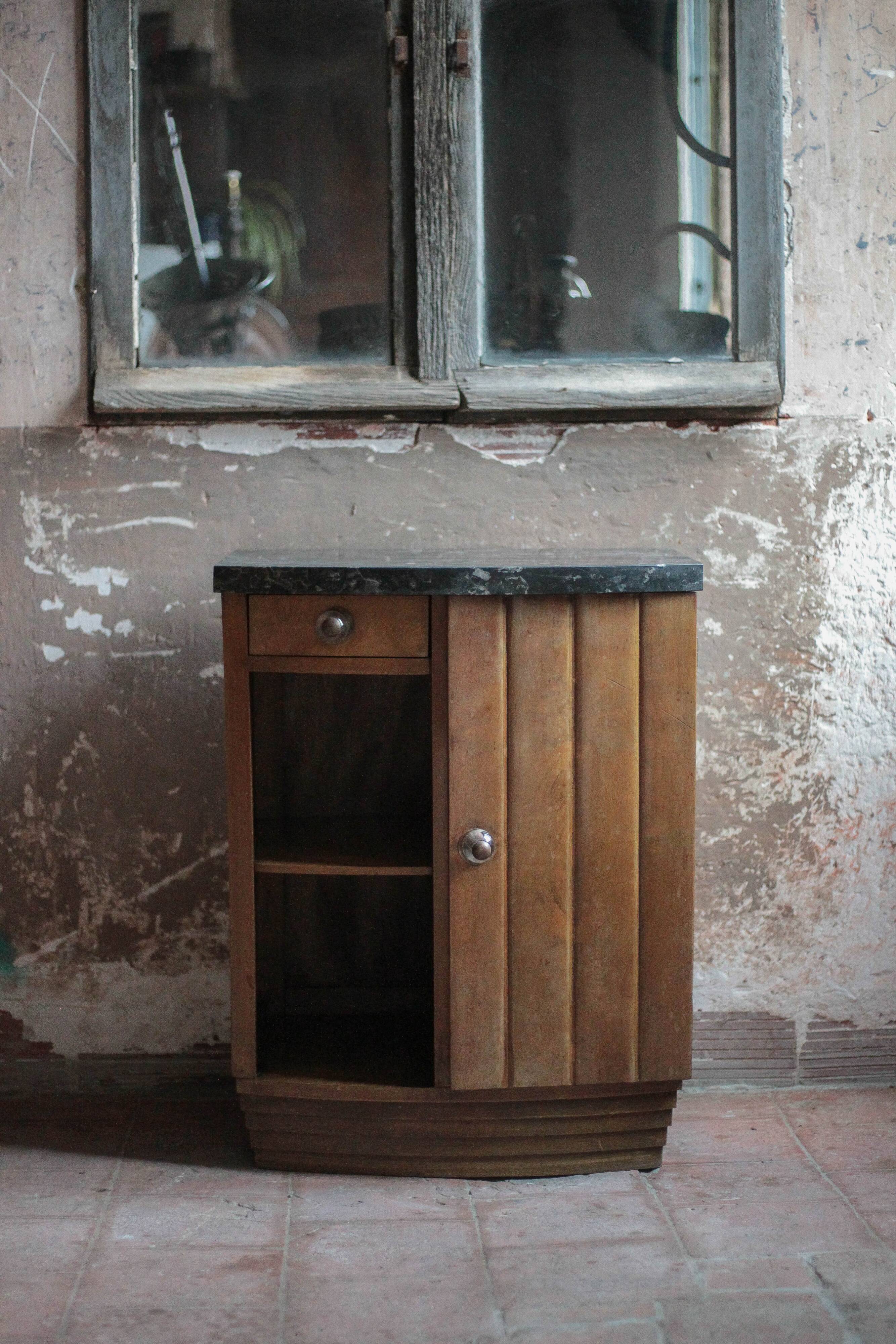 Art Deco nightstand, bedside table in wood and black marble, side table
