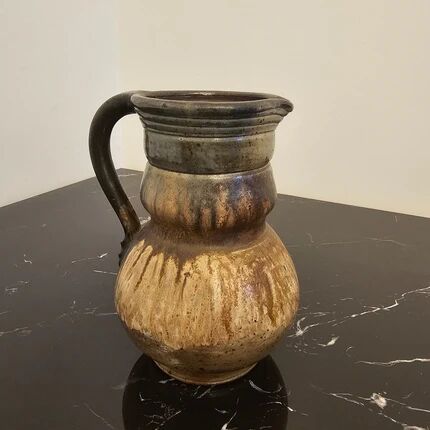 Decorative pitcher or vase in signed stoneware, beige and brown - rustic art style.