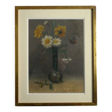 Le bouquet au papillon - Tableau signé A. Moreau