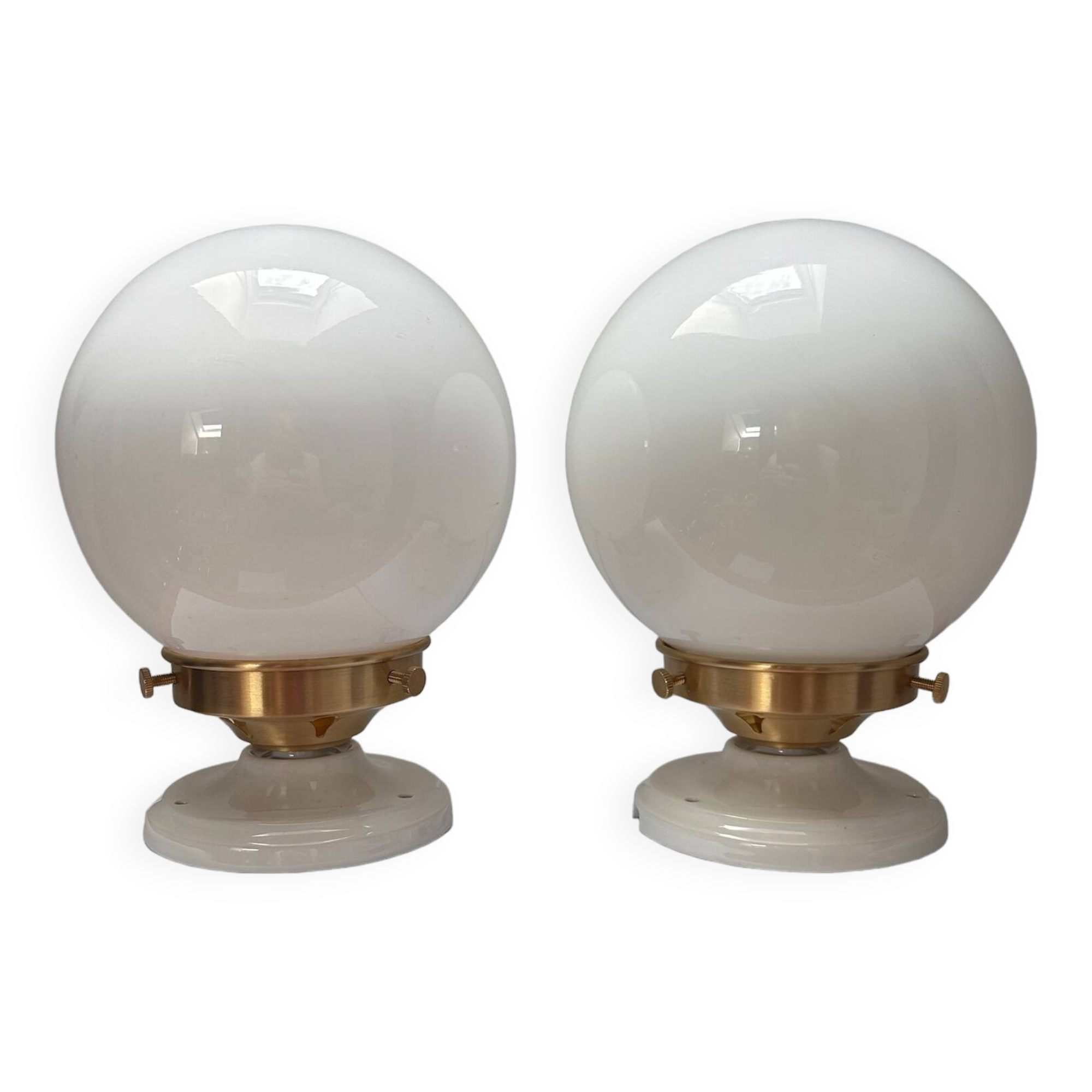 Set of two white opaline ball wall lights