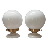 Set of two white opaline ball wall lights