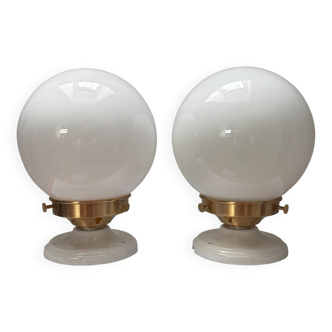 Set of two white opaline ball wall lights