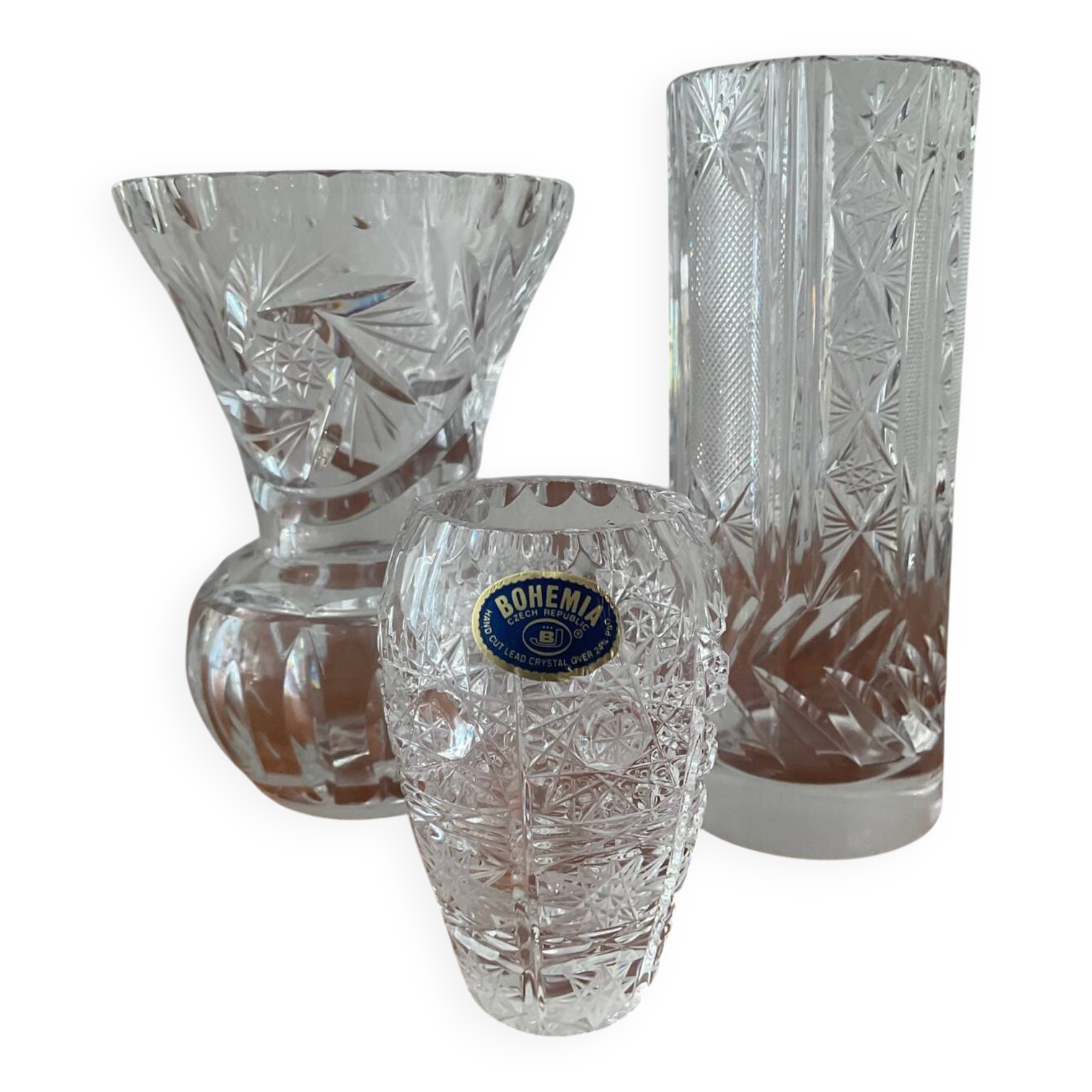Trio of vintage Bohemian crystal vases