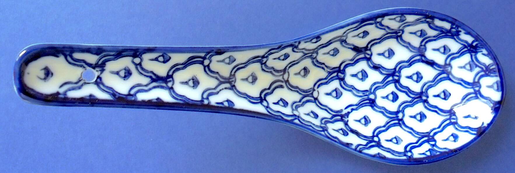 Set of six (6) soup spoons in white-blue porcelain from China