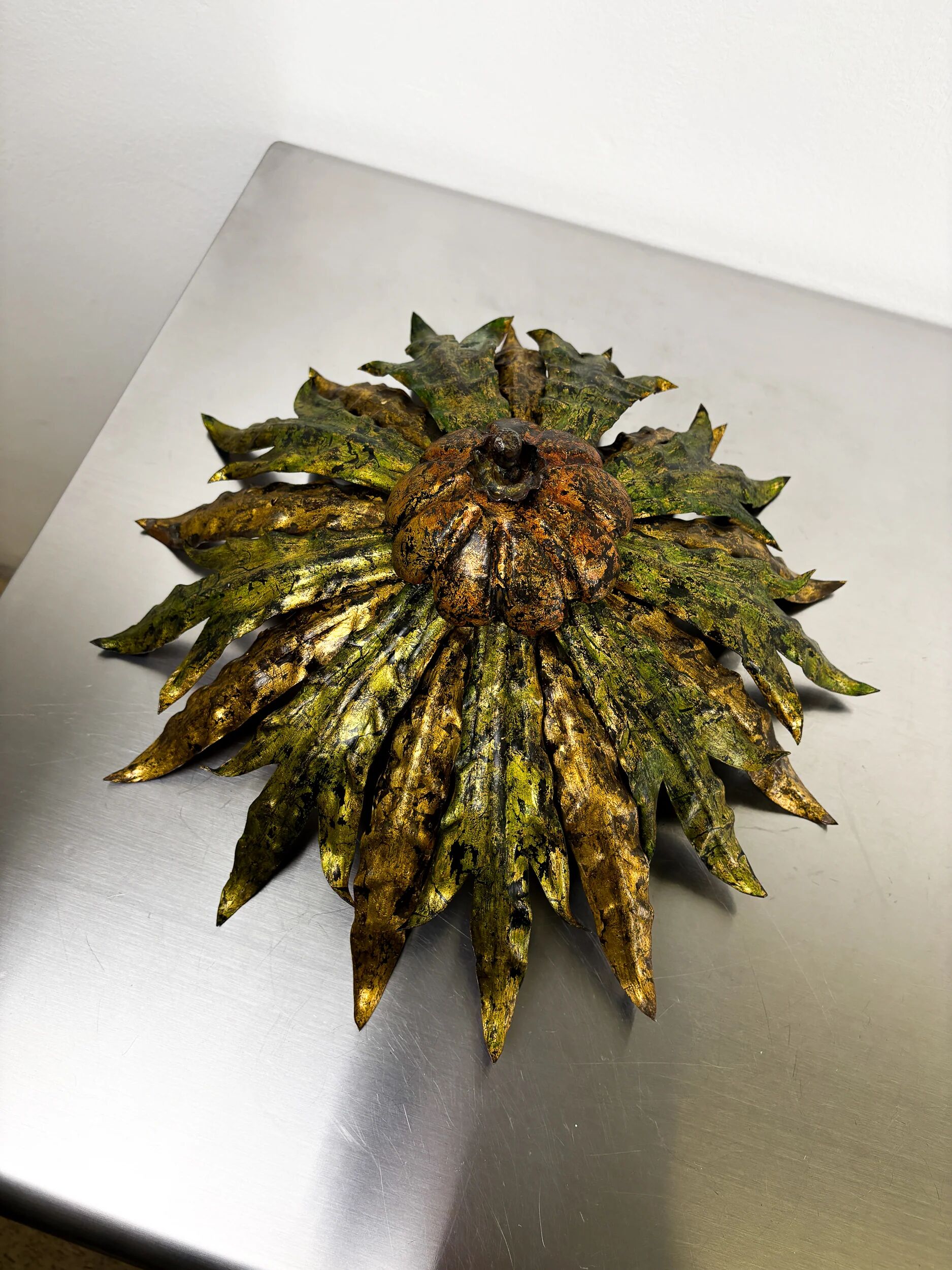 Mid-century Spanish sunburst foliage ceiling light fixture or sconce, green and gilt iron, 1950s