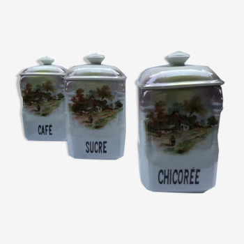 Lot : trois pots anciens à café, chicorée, sucre