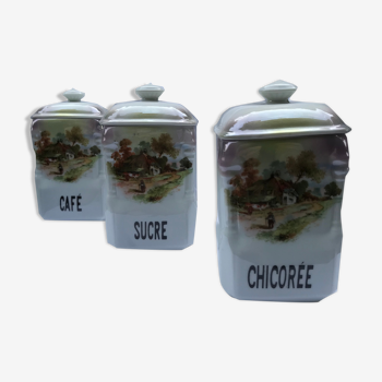 Series of three old pots with coffee, chicory, sugar