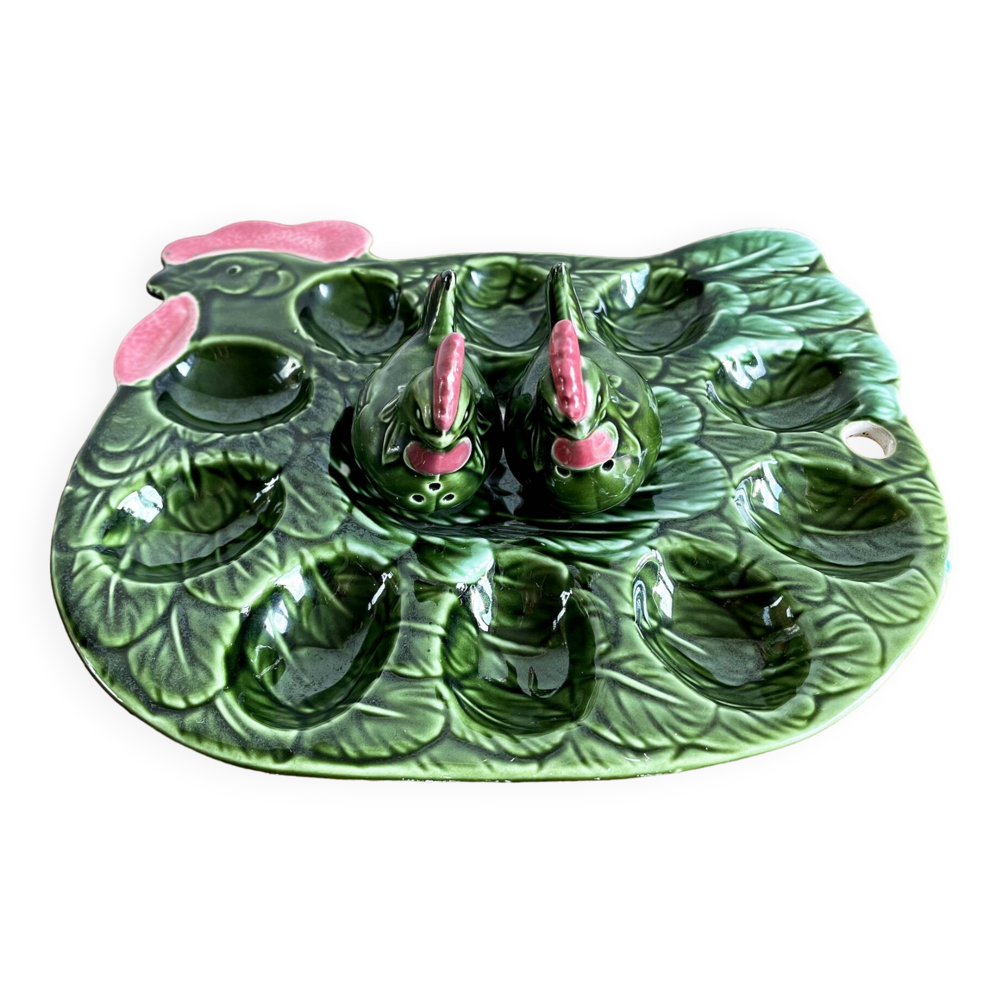 Assiette à œufs farcis en majolique verte en forme de coq, support à œufs pour 10 œufs