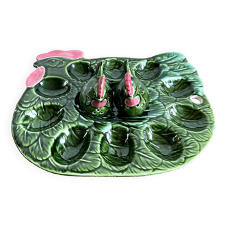 Green Majolica Style Deviled Egg Plate in the Shape of a Rooster, Egg Holder for 10 Eggs